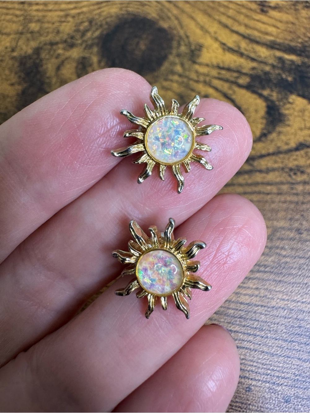 4/$20 Gold Sunburst Opal Stud Earrings - White Opal Sun Design